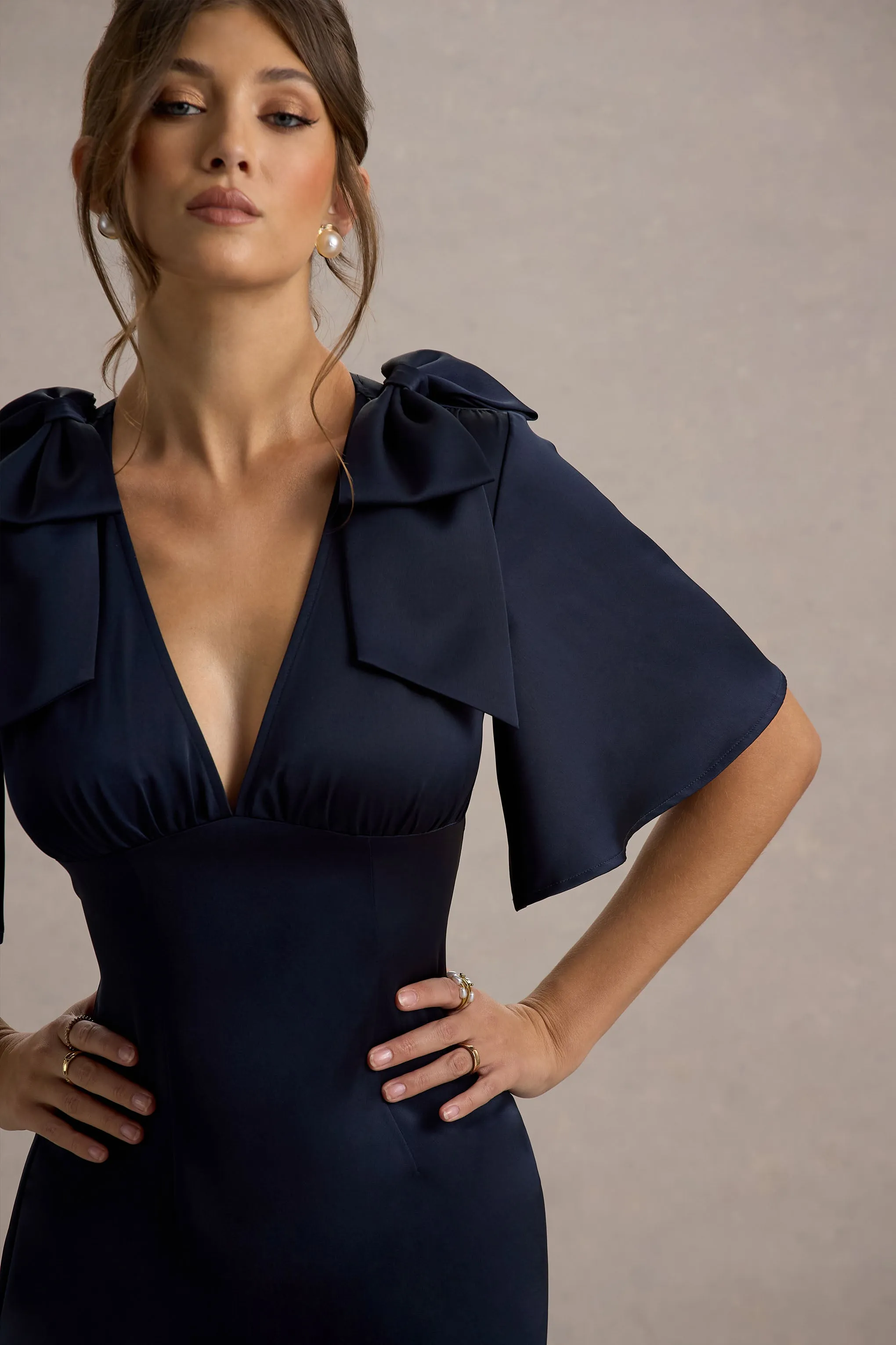 Danna | Navy Satin V-Neck Short-Sleeve Midi Dress sold by Club L London product image thumbnail 3