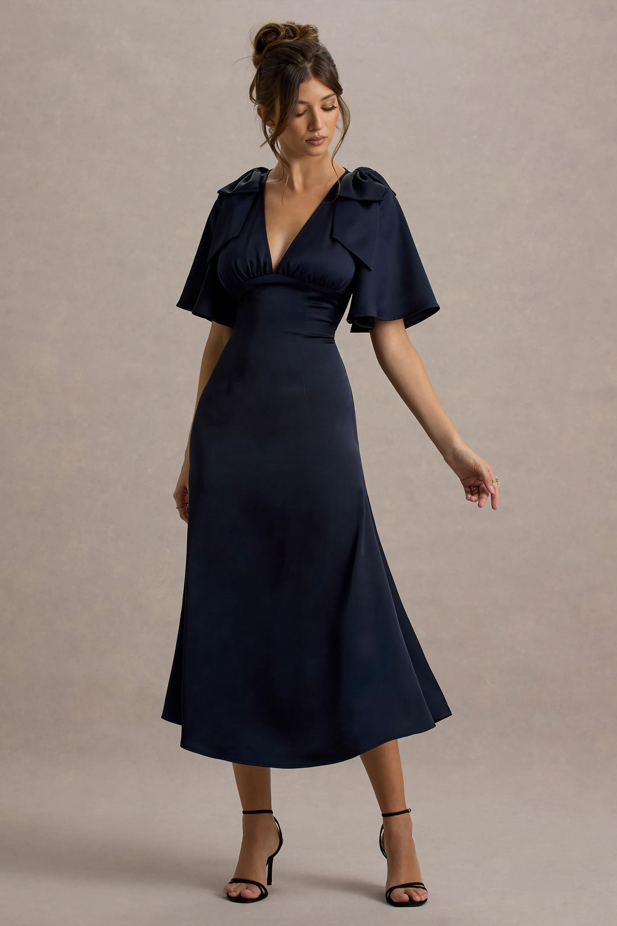 Danna | Navy Satin V-Neck Short-Sleeve Midi Dress sold by Club L London