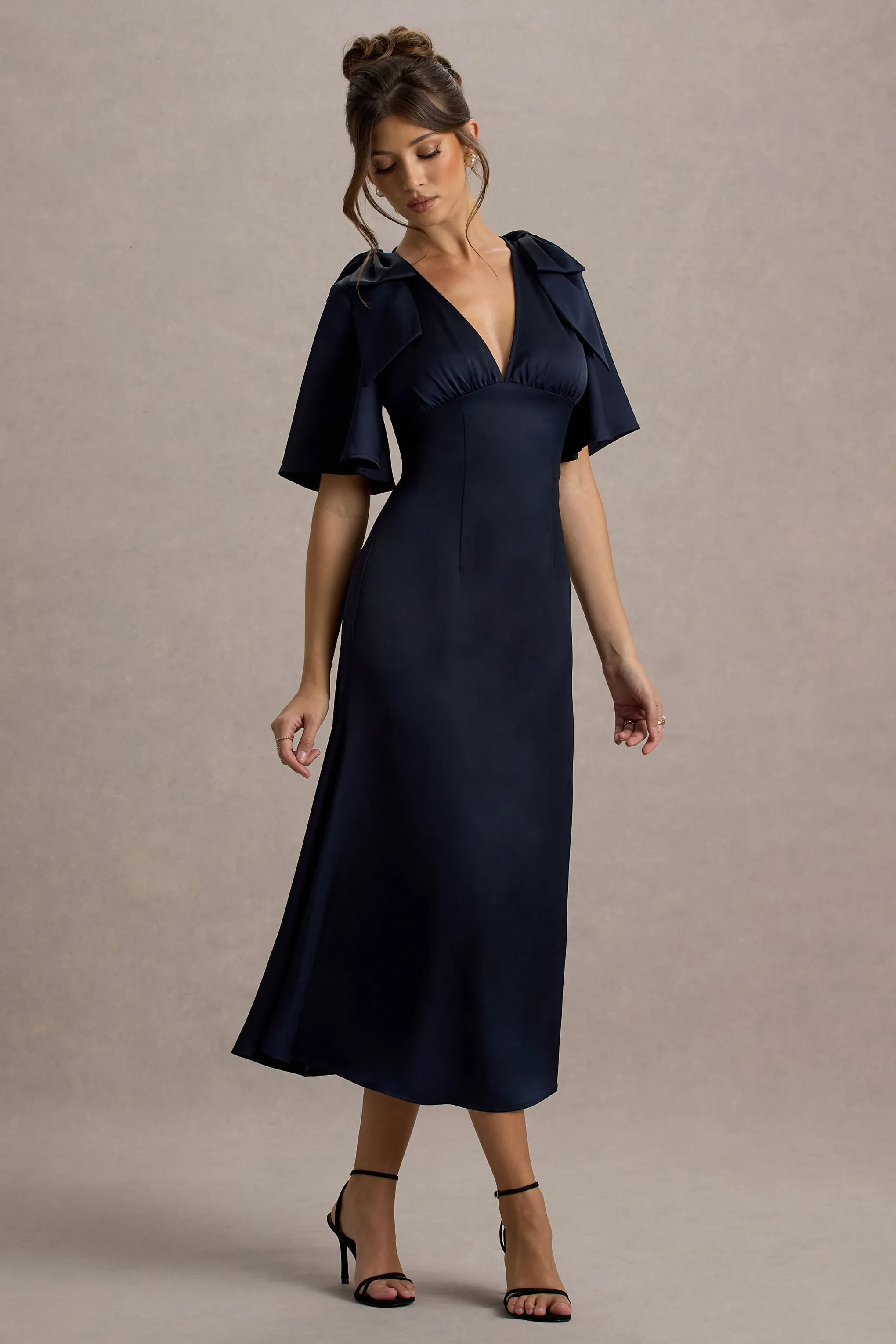 Danna | Navy Satin V-Neck Short-Sleeve Midi Dress sold by Club L London product image thumbnail 4