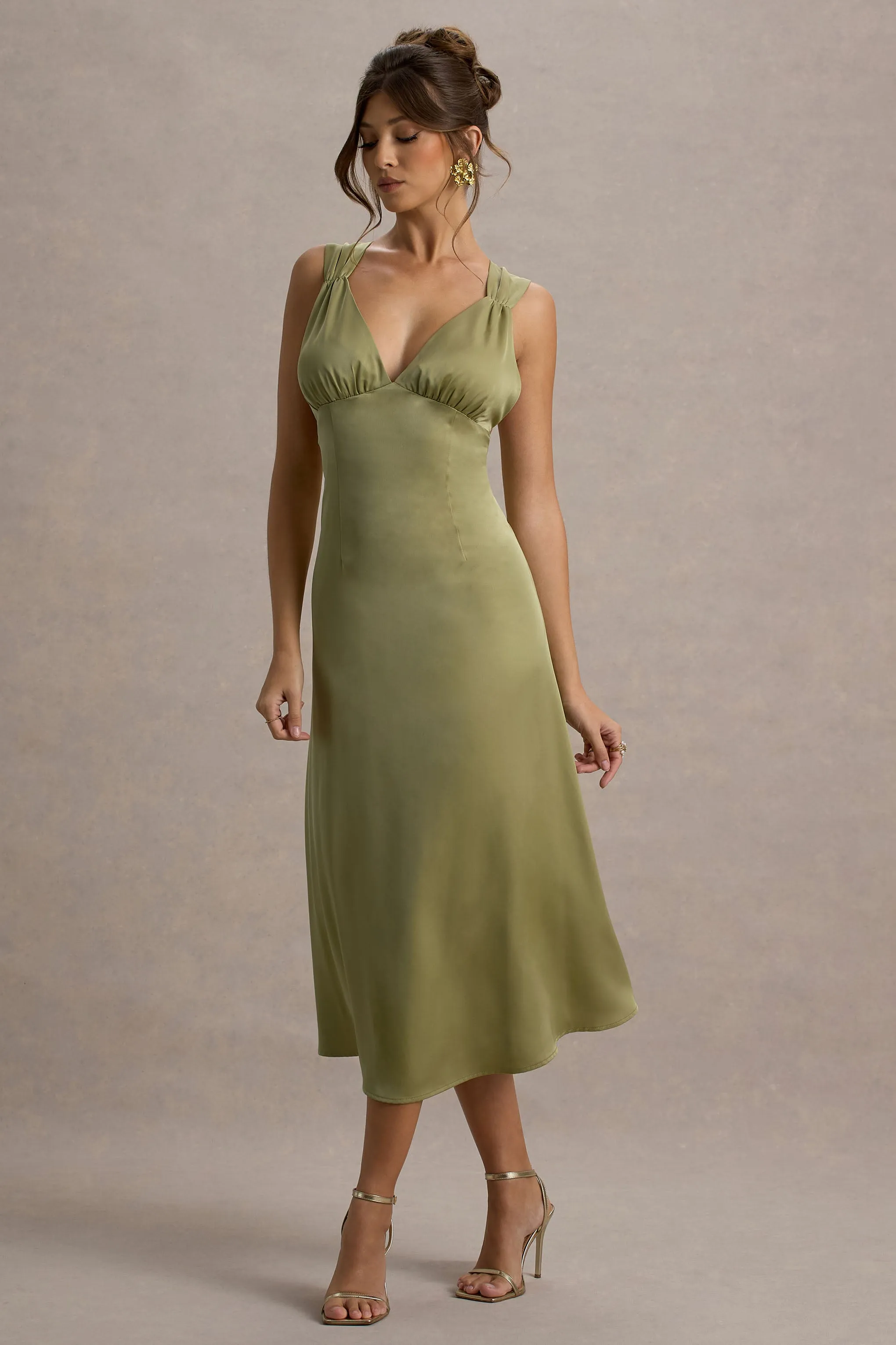 Beck | Light Green Satin Plunge-Neck Cross-Back Midi Dress sold by Club L London product image thumbnail 4