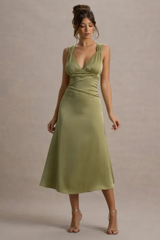 Beck | Light Green Satin Plunge-Neck Cross-Back Midi Dress sold by Club L London