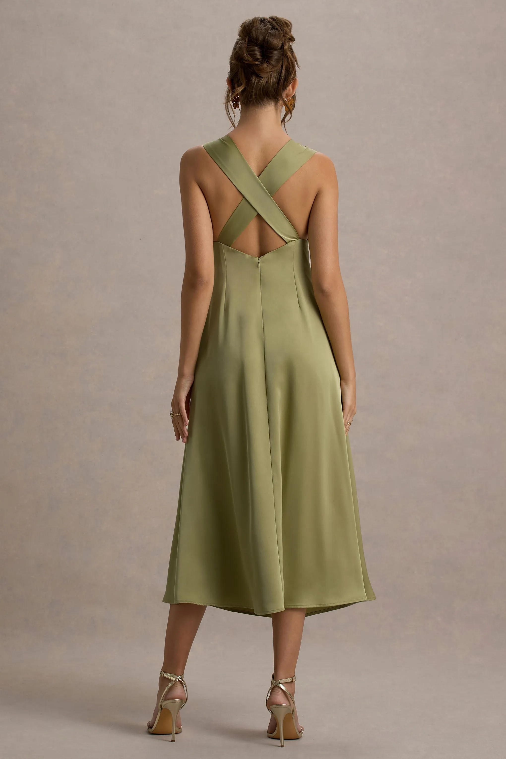 Beck | Light Green Satin Plunge-Neck Cross-Back Midi Dress sold by Club L London product image thumbnail 2