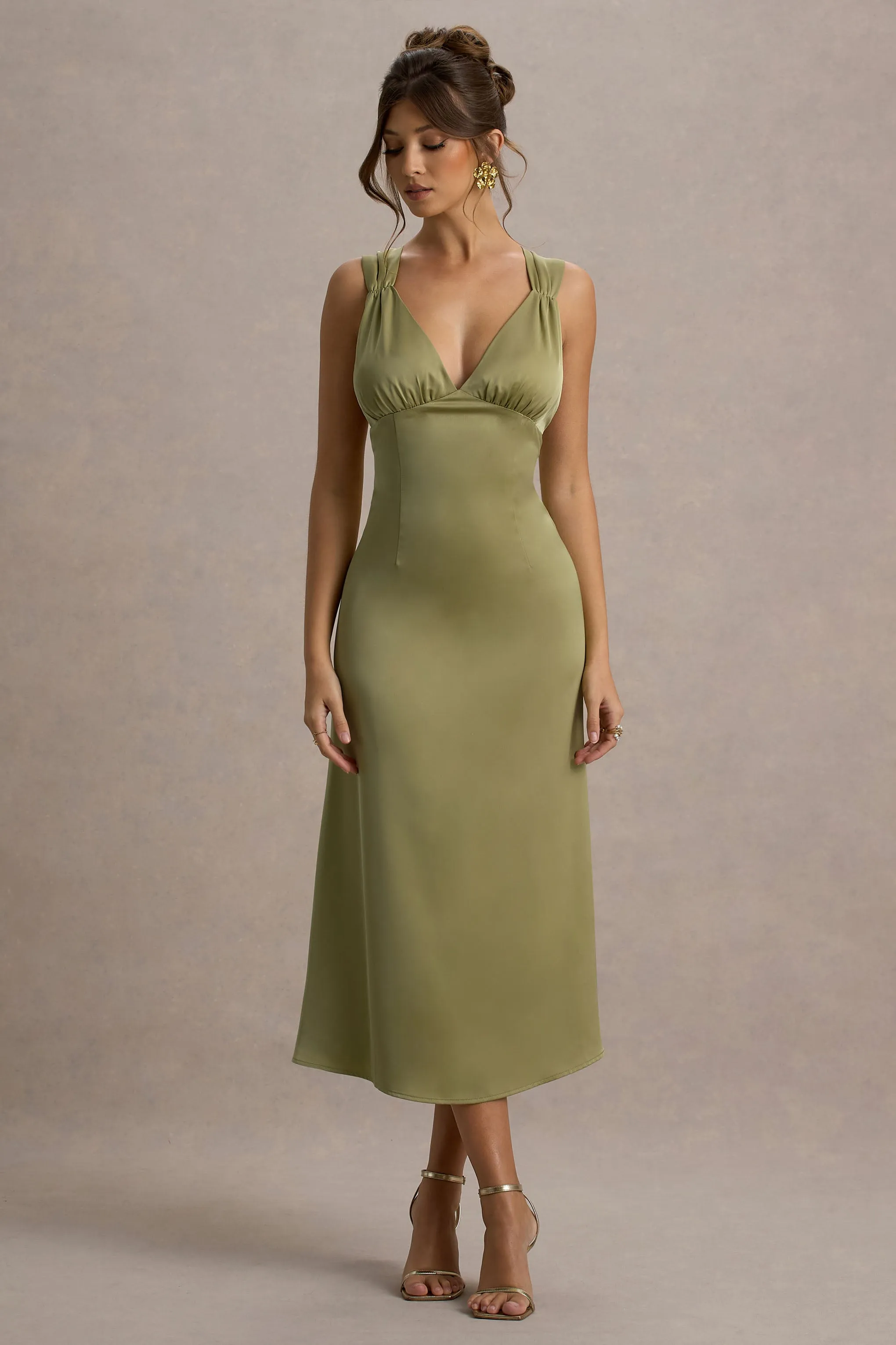 Beck | Light Green Satin Plunge-Neck Cross-Back Midi Dress sold by Club L London product image thumbnail 5