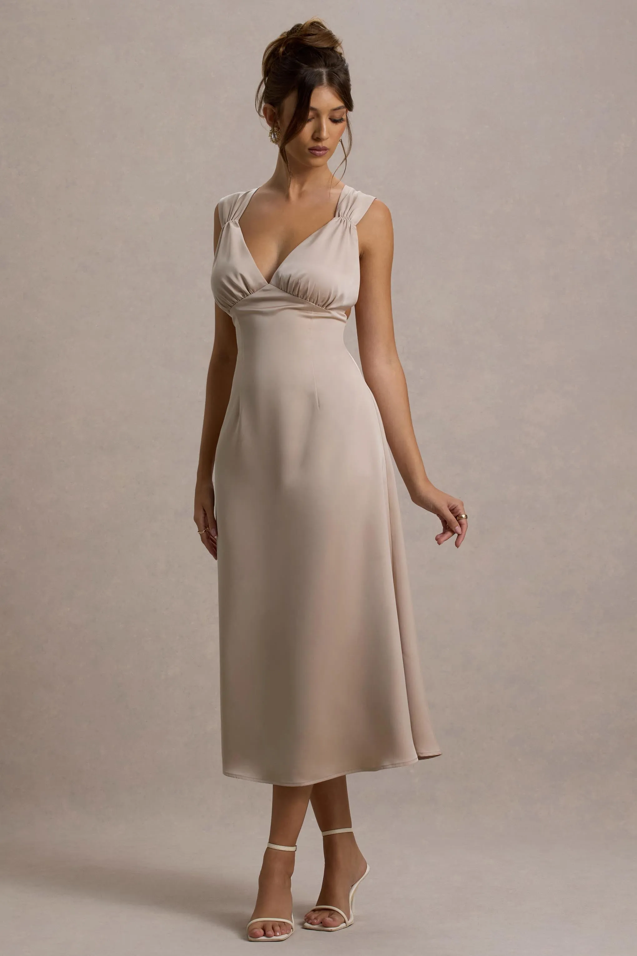 Beck | Champagne Satin Plunge-Neck Cross-Back Midi Dress sold by Club L London product image thumbnail 5