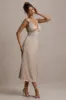 Beck | Champagne Satin Plunge-Neck Cross-Back Midi Dress sold by Club L London