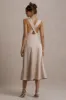 Beck | Champagne Satin Plunge-Neck Cross-Back Midi Dress sold by Club L London