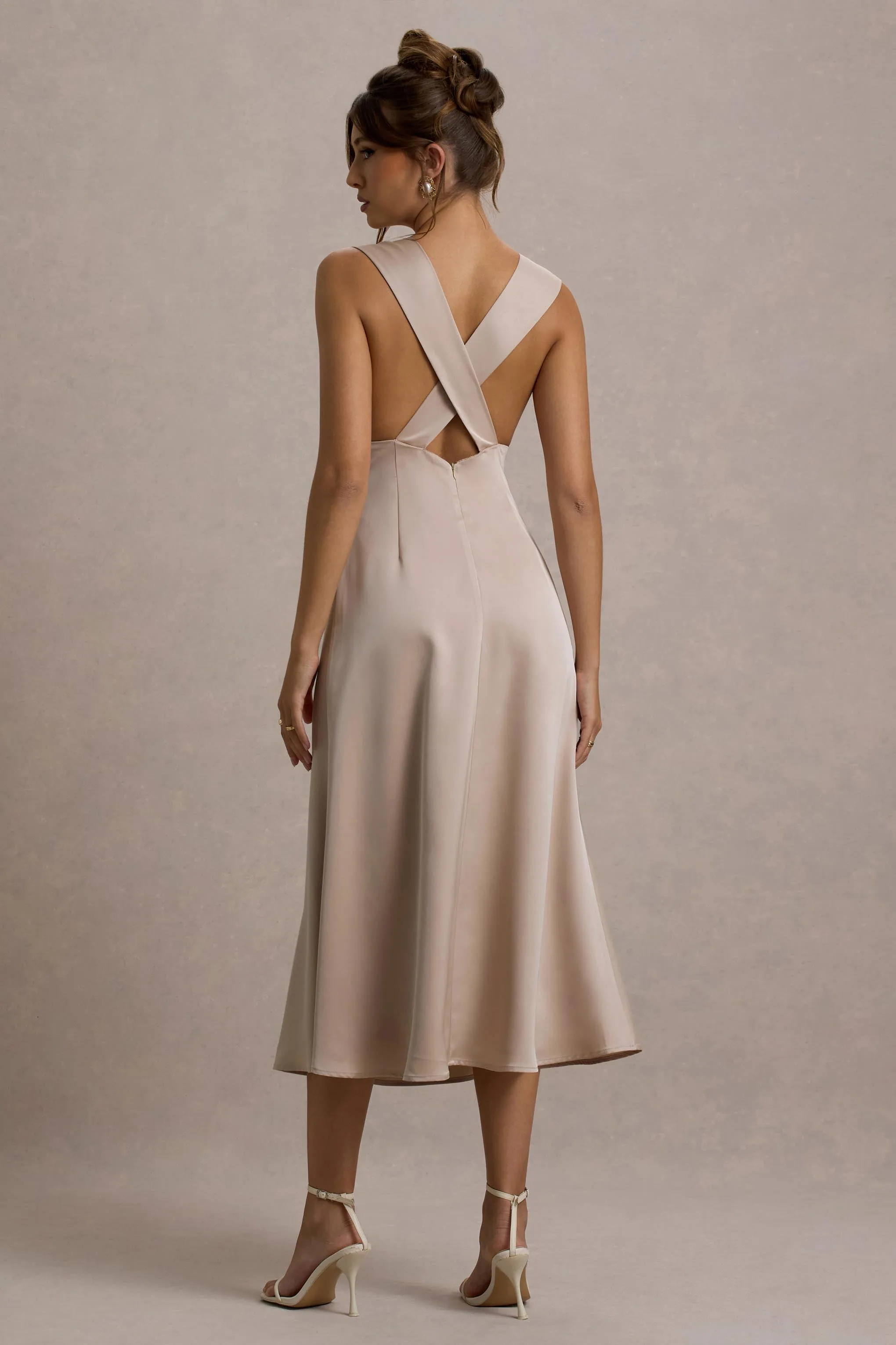 Beck | Champagne Satin Plunge-Neck Cross-Back Midi Dress sold by Club L London product image thumbnail 2