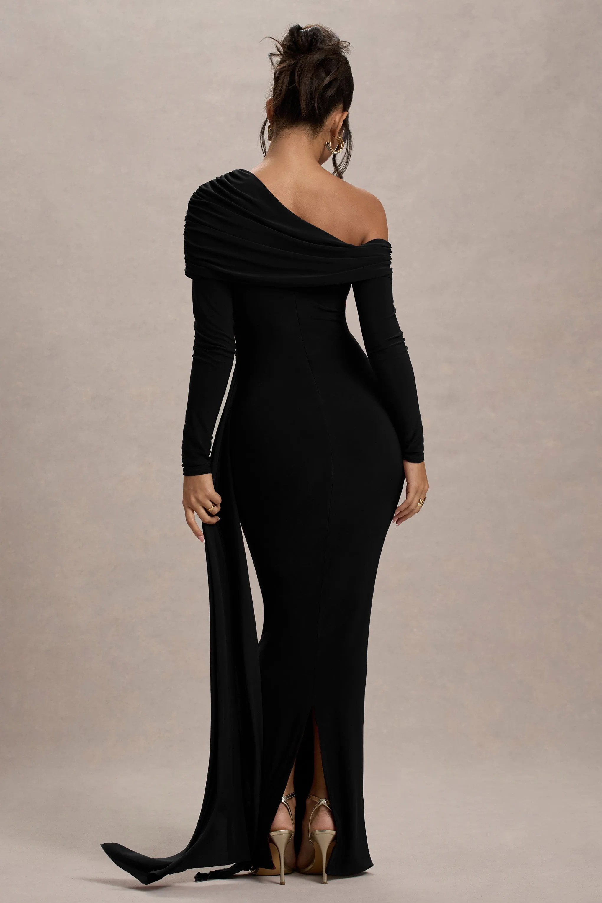 Valina | Black Ruched Asymmetric Maxi Dress With Drape sold by Club L London product image thumbnail 2
