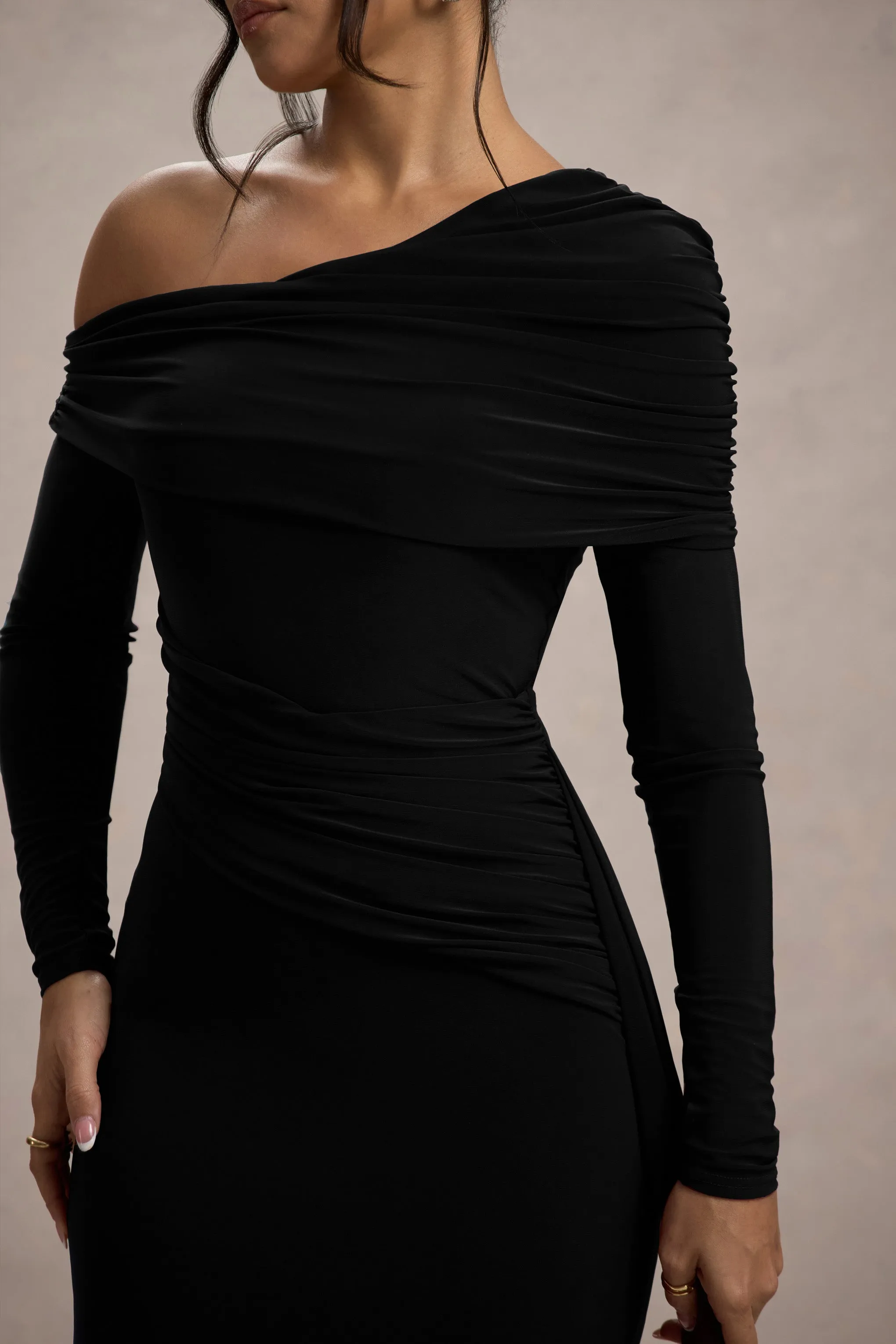 Valina | Black Ruched Asymmetric Maxi Dress With Drape sold by Club L London product image thumbnail 5