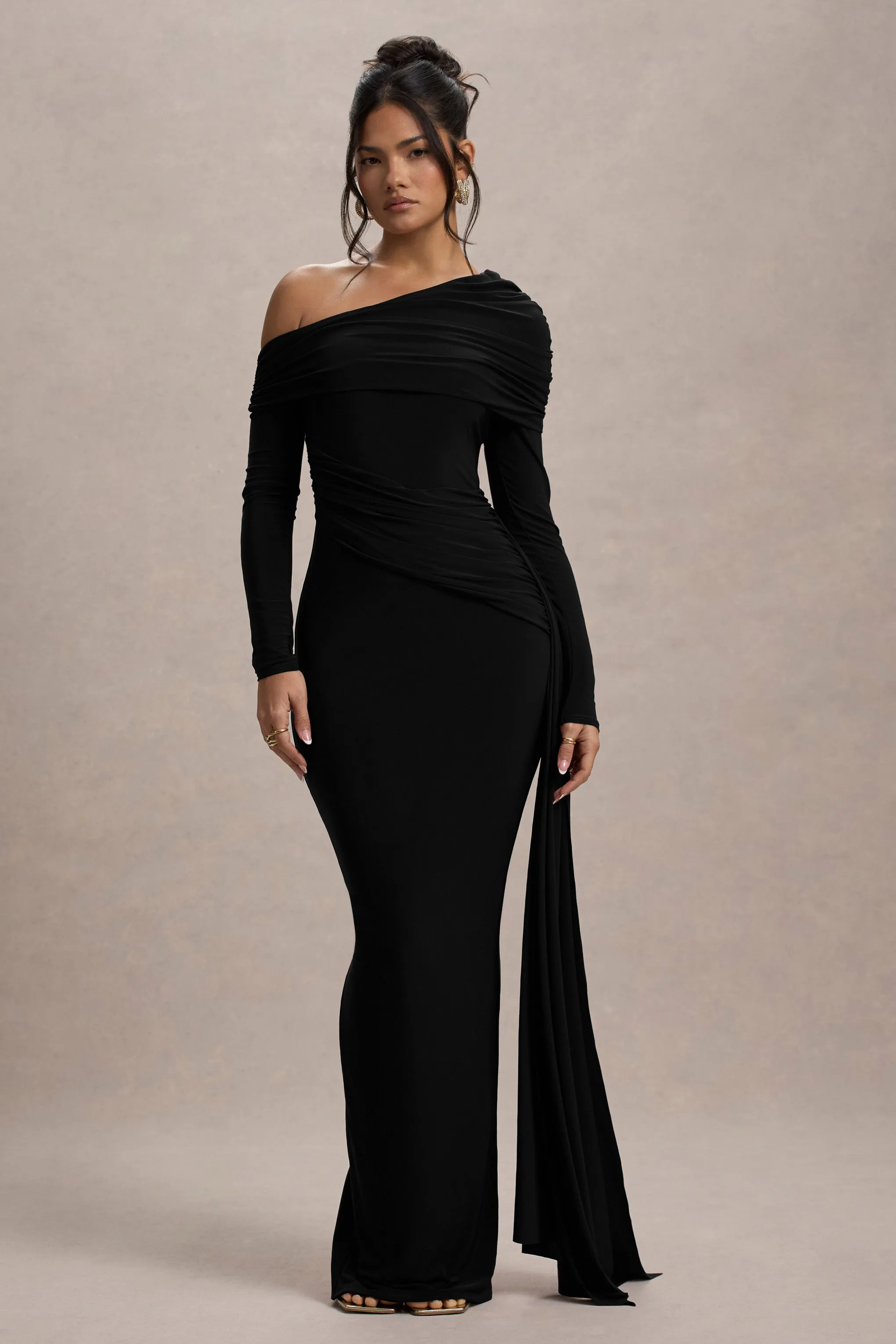 Valina | Black Ruched Asymmetric Maxi Dress With Drape sold by Club L London