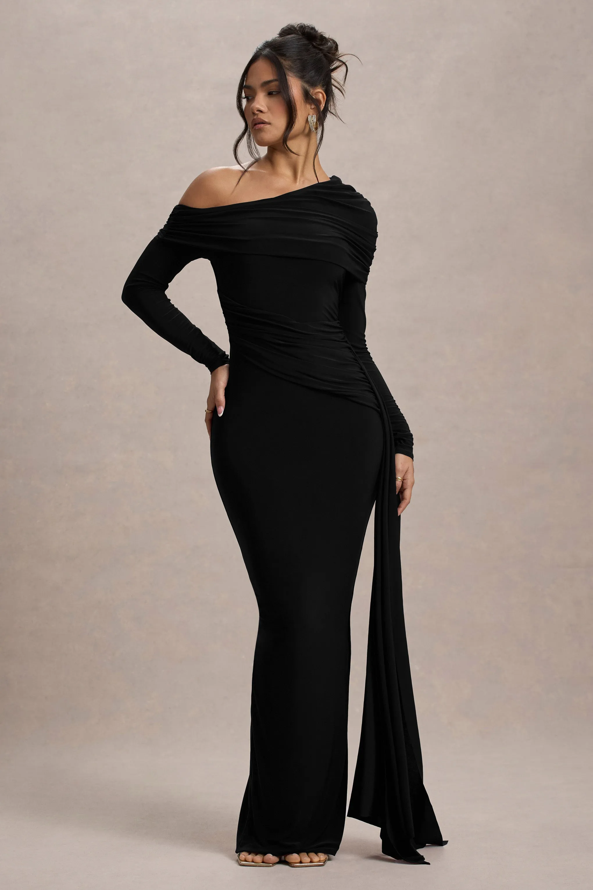 Valina | Black Ruched Asymmetric Maxi Dress With Drape sold by Club L London product image thumbnail 4