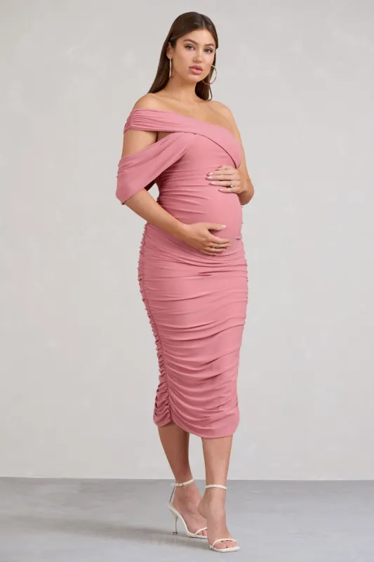 Cici | Blush Pink Asymmetric Ruched Maternity Midi Dress sold by Club L London