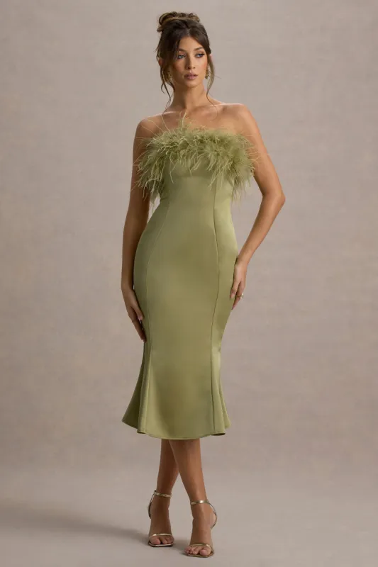 One And Only | Light Green Satin Feather Trim Bandeau Midi Dress sold by Club L London