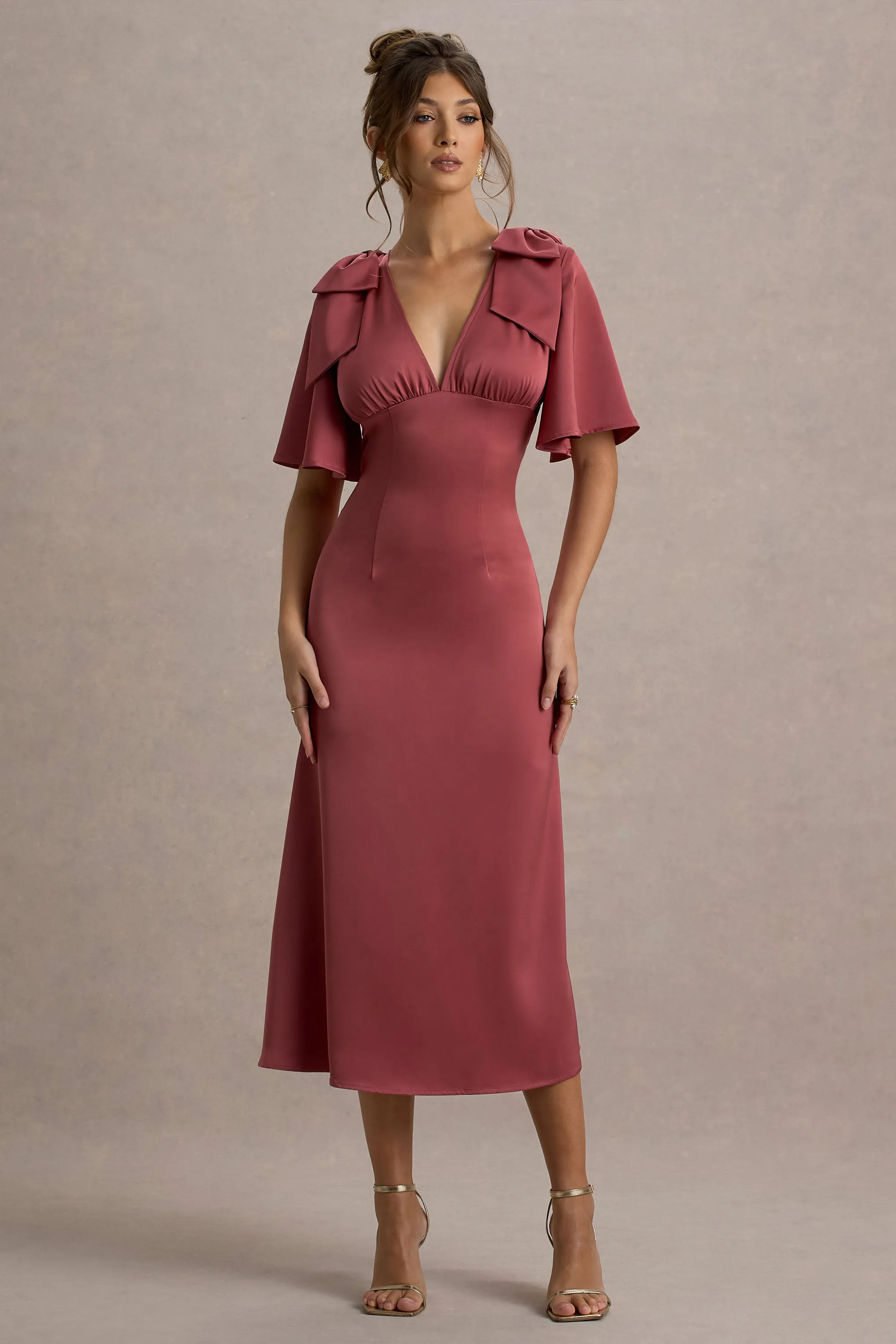 Danna | Rose Pink Satin V-Neck Short-Sleeve Midi Dress sold by Club L London