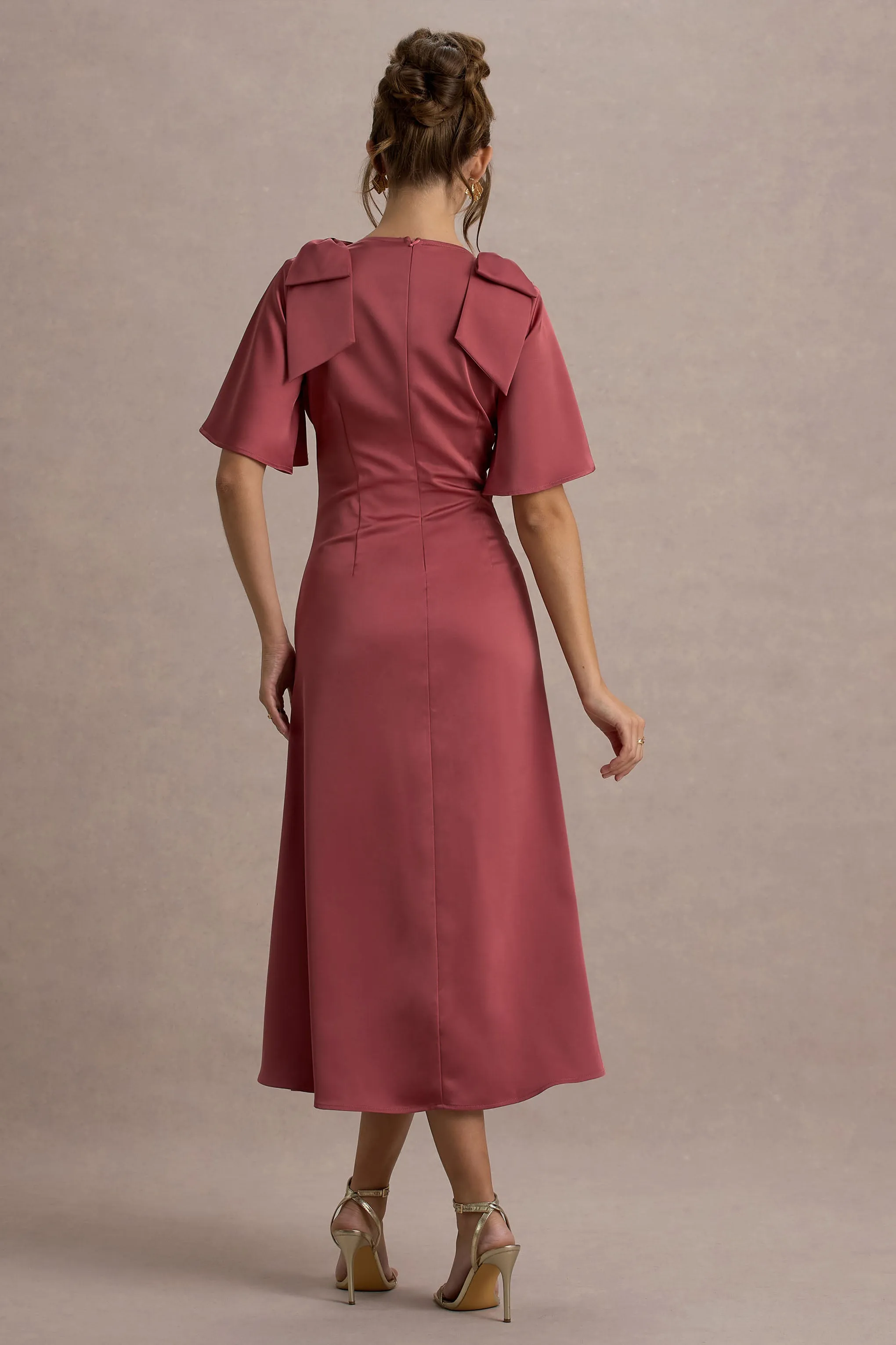 Danna | Rose Pink Satin V-Neck Short-Sleeve Midi Dress sold by Club L London product image thumbnail 2