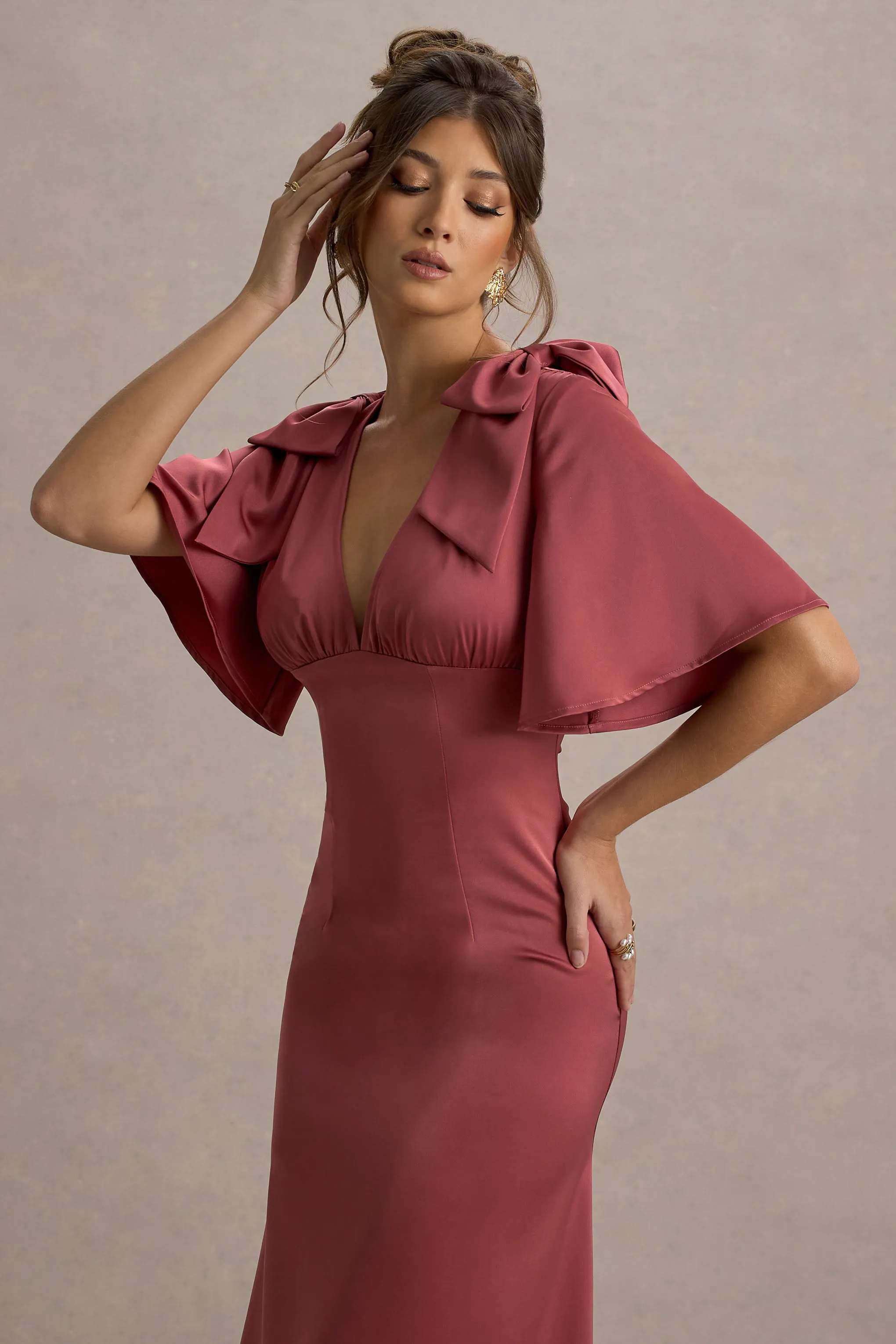 Danna | Rose Pink Satin V-Neck Short-Sleeve Midi Dress sold by Club L London product image thumbnail 5