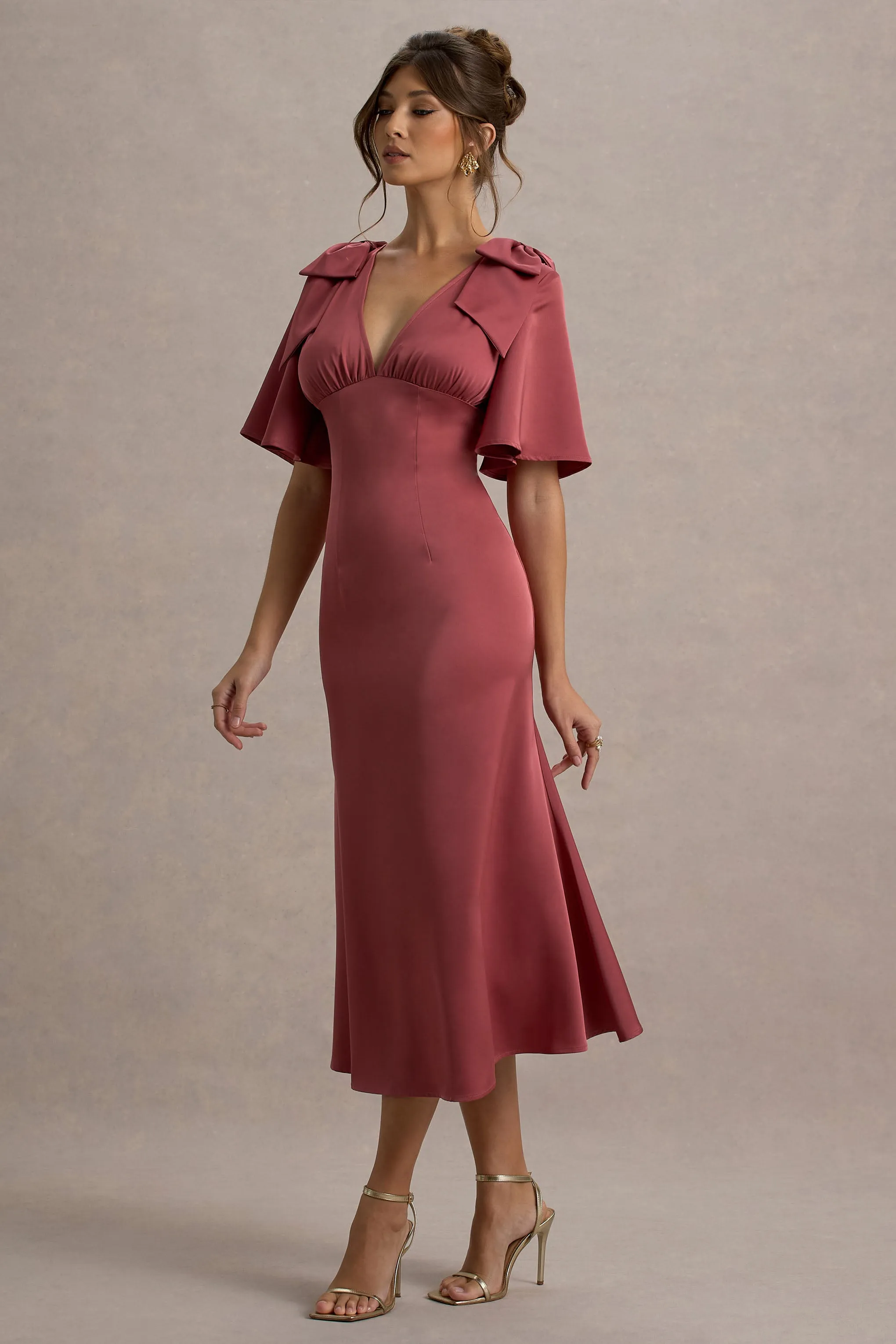 Danna | Rose Pink Satin V-Neck Short-Sleeve Midi Dress sold by Club L London product image thumbnail 4