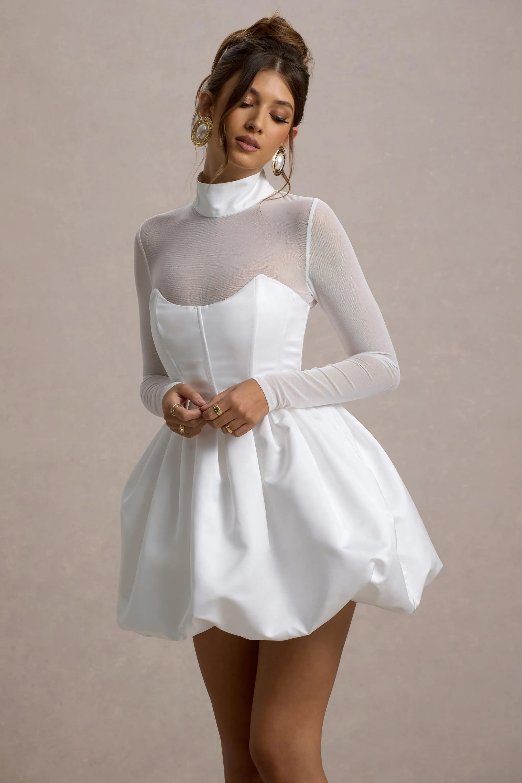 Tinkerbell | White Satin Long-Sleeve Puffball Mini Dress sold by Club L London product image thumbnail 3