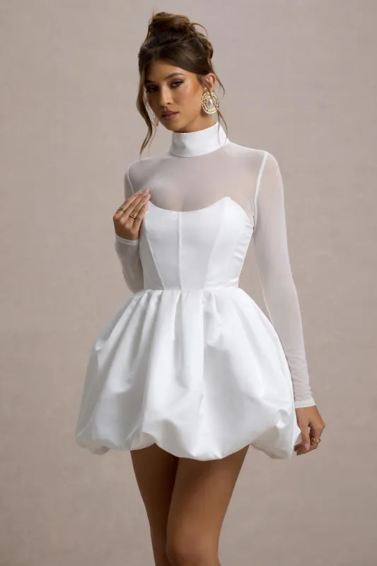Tinkerbell | White Satin Long-Sleeve Puffball Mini Dress made by Club L London