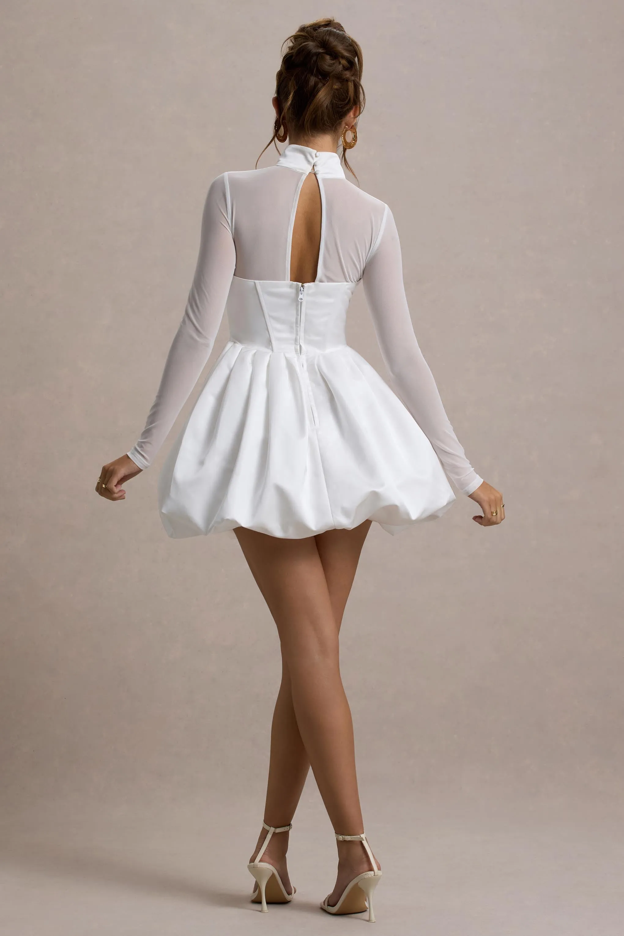 Tinkerbell | White Satin Long-Sleeve Puffball Mini Dress sold by Club L London product image thumbnail 2