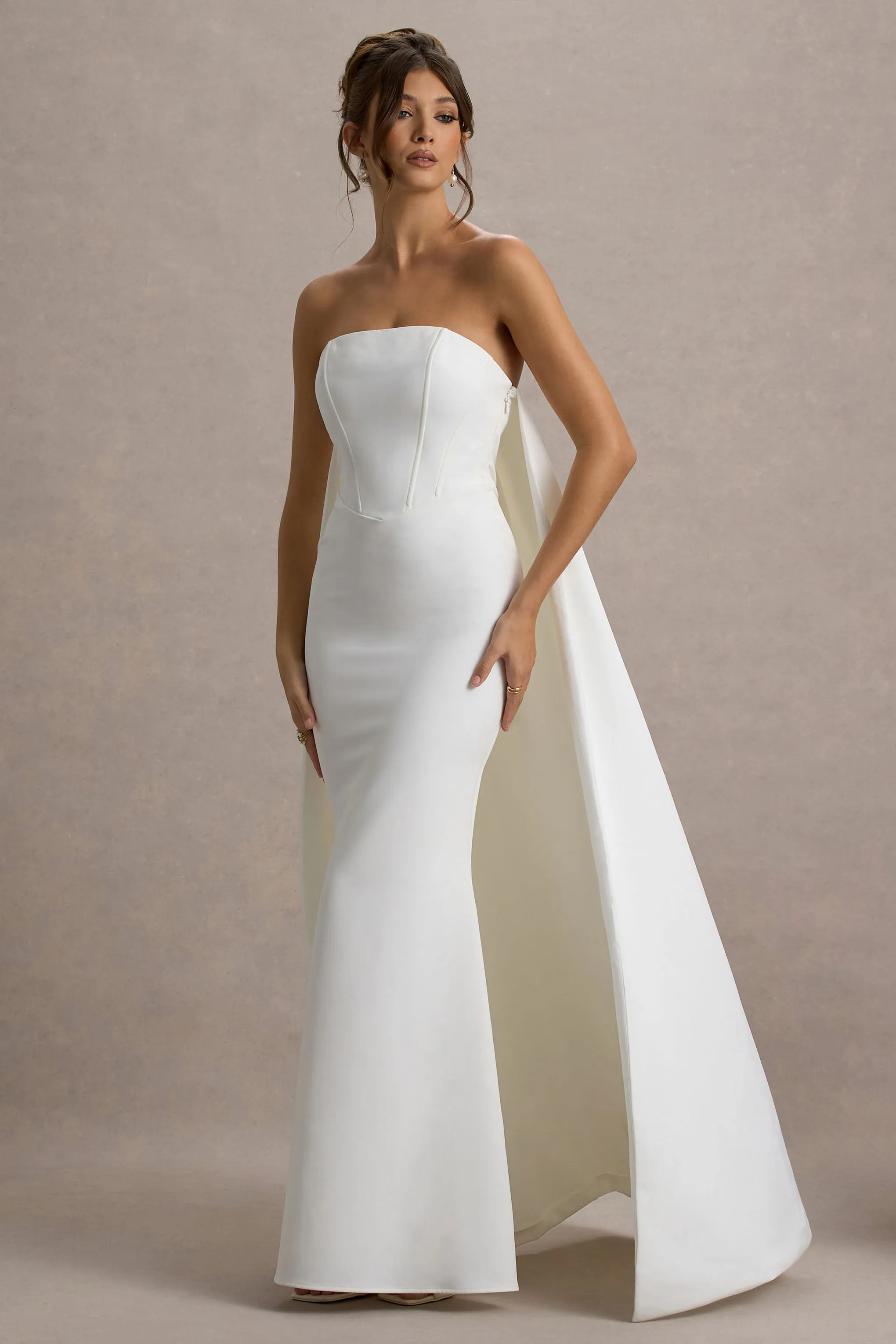 She's Trouble | White Bandeau Maxi Dress With Cape sold by Club L London product image thumbnail 4