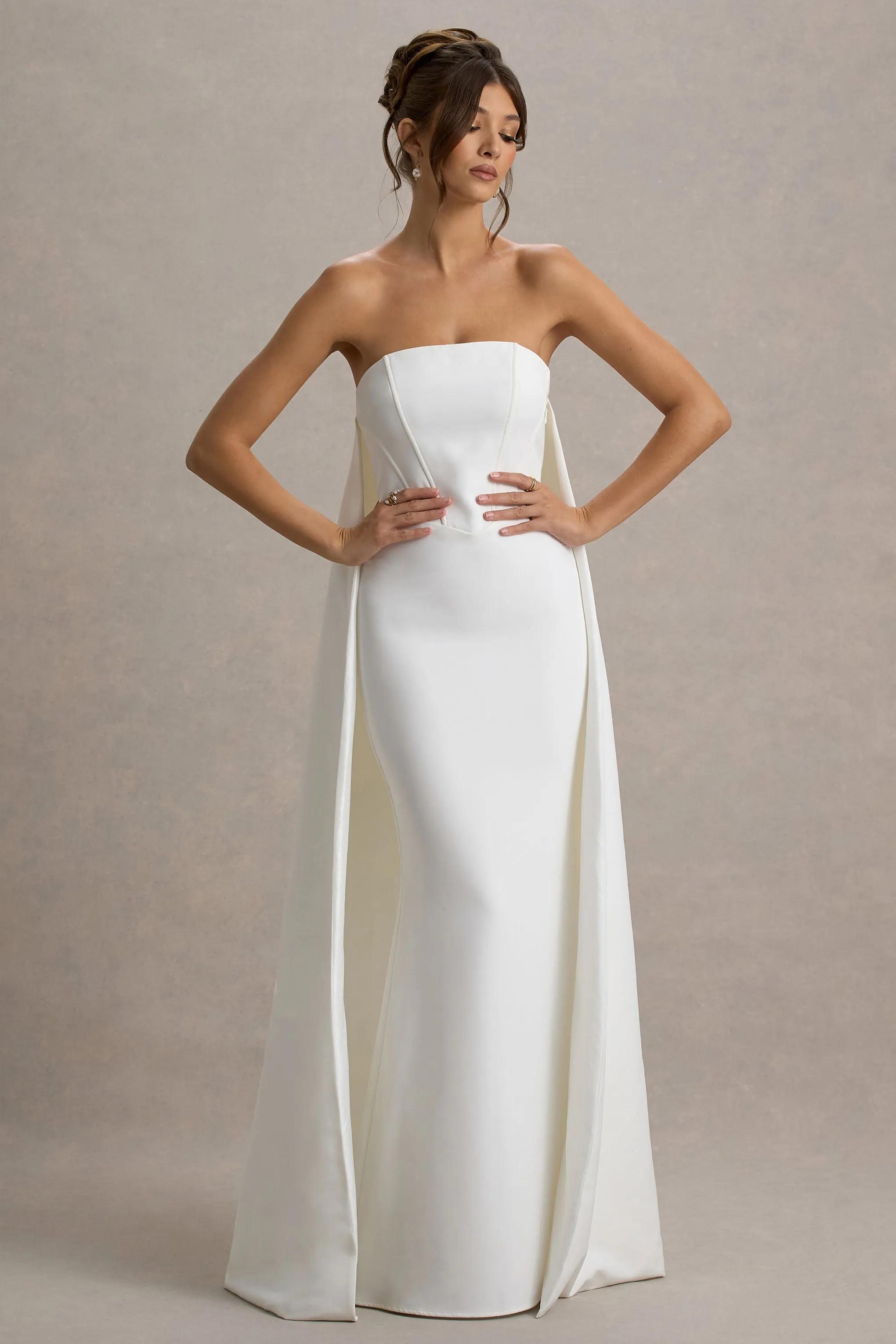 She's Trouble | White Bandeau Maxi Dress With Cape sold by Club L London product image thumbnail 5