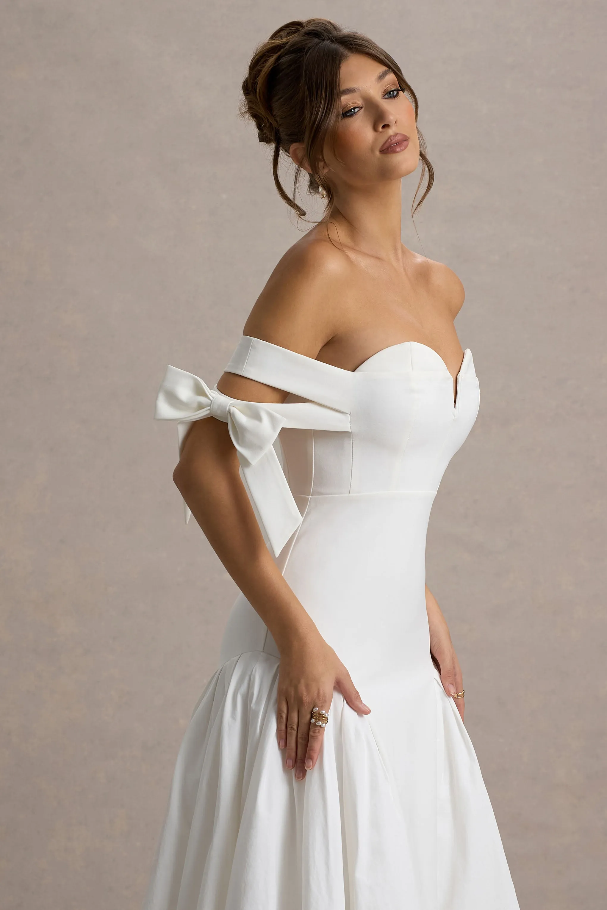 Ethel | White & Cream Bardot Maxi Dress With Volume Skirt sold by Club L London product image thumbnail 3