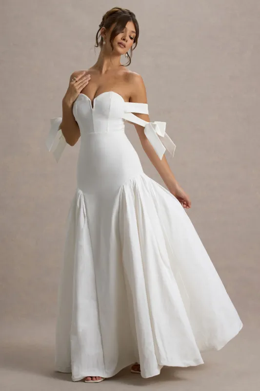 Ethel | White & Cream Bardot Maxi Dress With Volume Skirt sold by Club L London