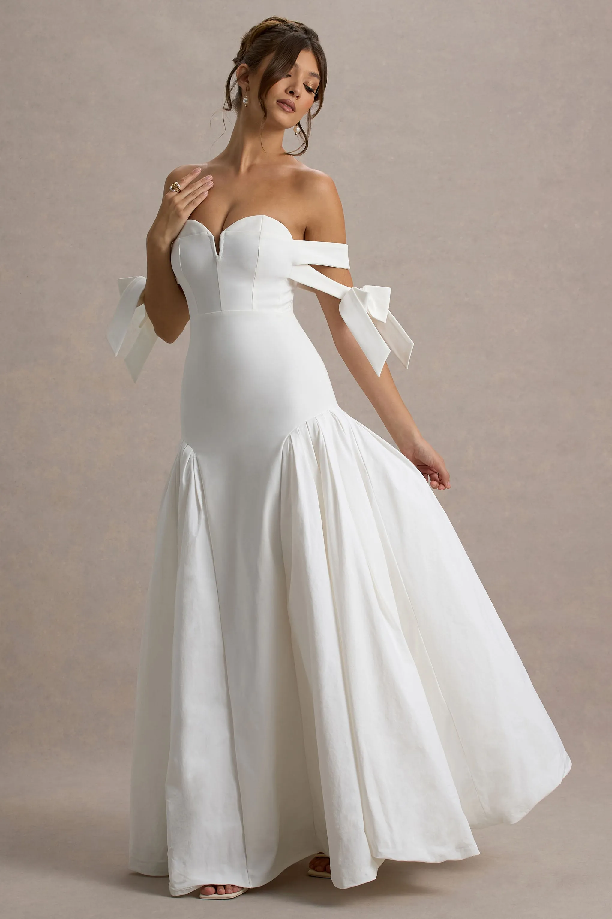Ethel | White & Cream Bardot Maxi Dress With Volume Skirt sold by Club L London