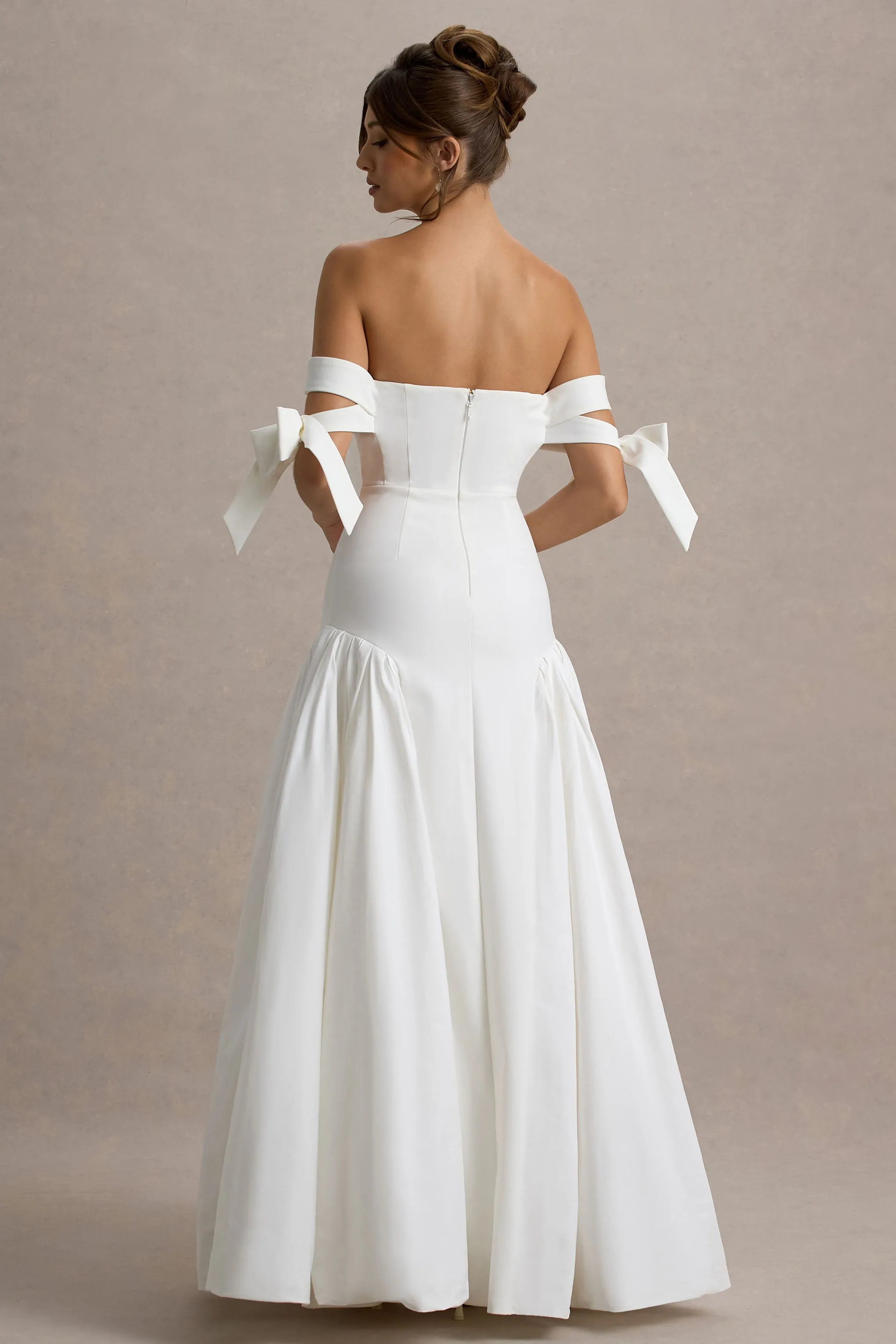 Ethel | White & Cream Bardot Maxi Dress With Volume Skirt sold by Club L London product image thumbnail 2