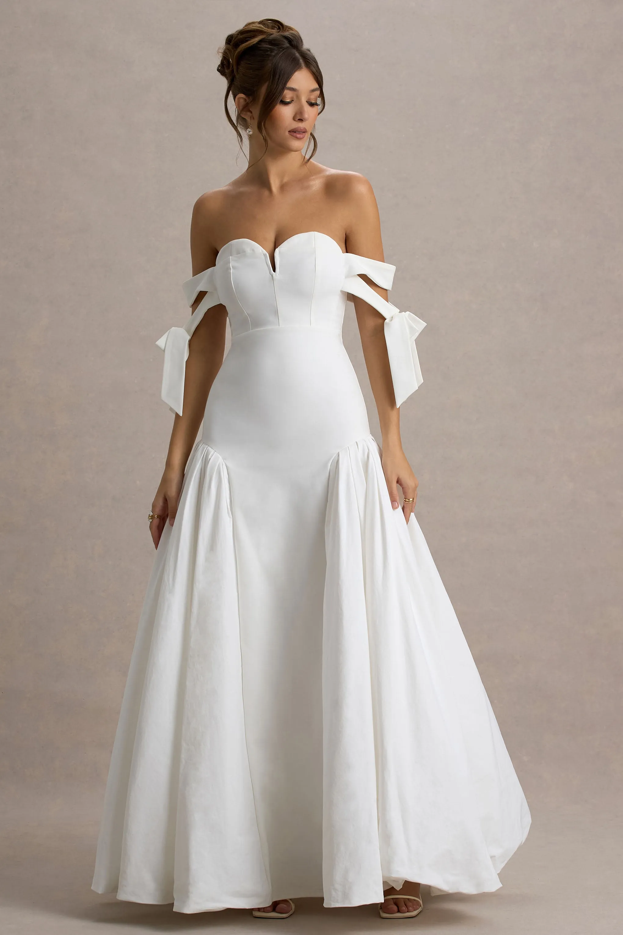 Ethel | White & Cream Bardot Maxi Dress With Volume Skirt sold by Club L London product image thumbnail 4