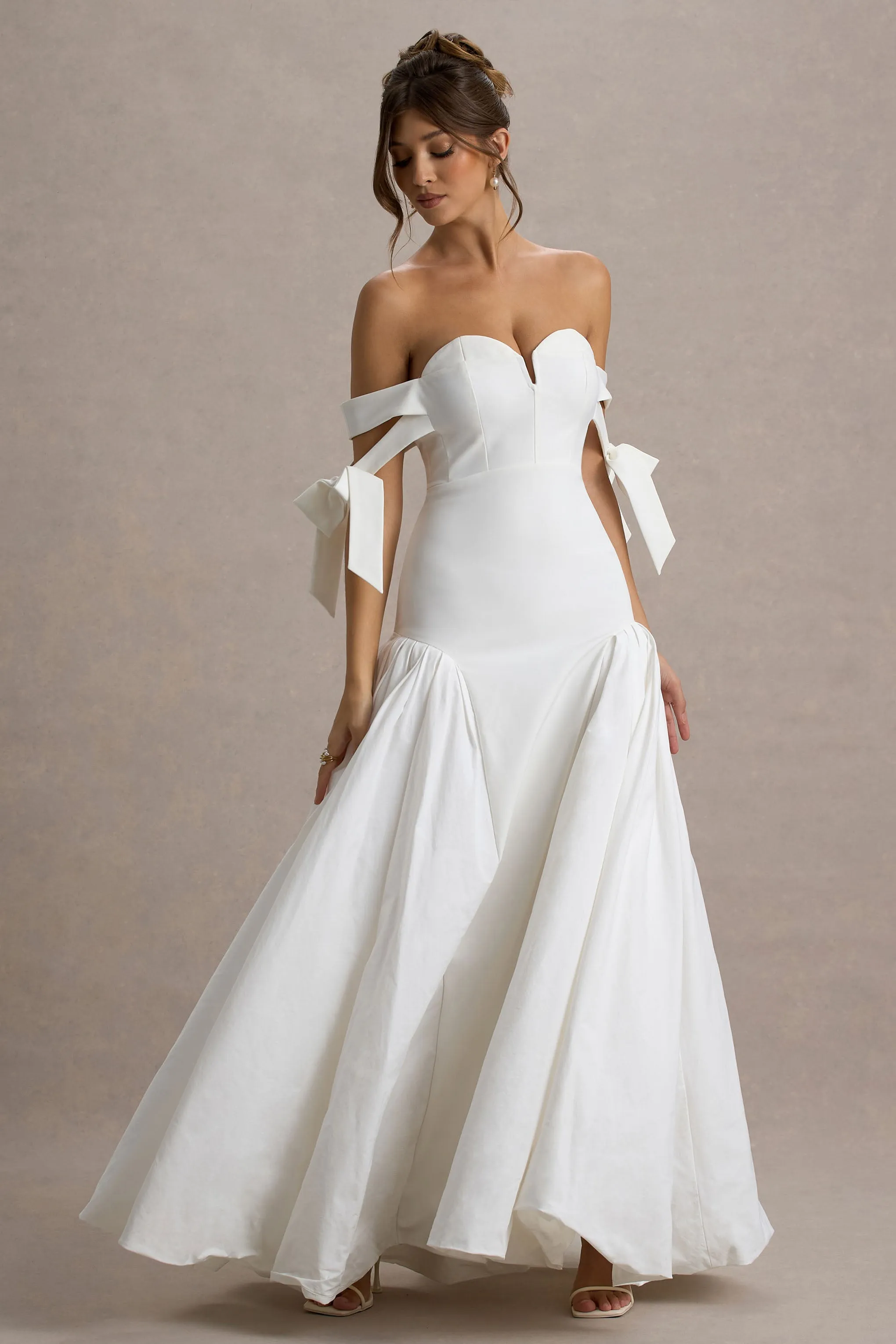 Ethel | White & Cream Bardot Maxi Dress With Volume Skirt sold by Club L London product image thumbnail 5