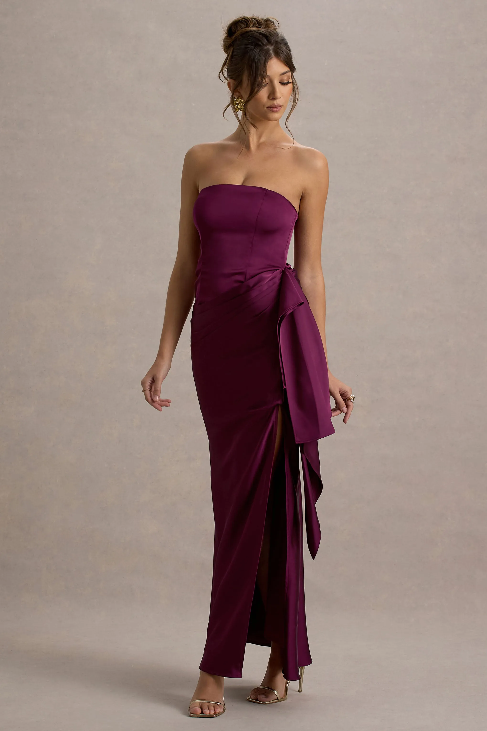 Loz | Pink Satin Bandeau Draped Maxi Dress sold by Club L London product image thumbnail 4