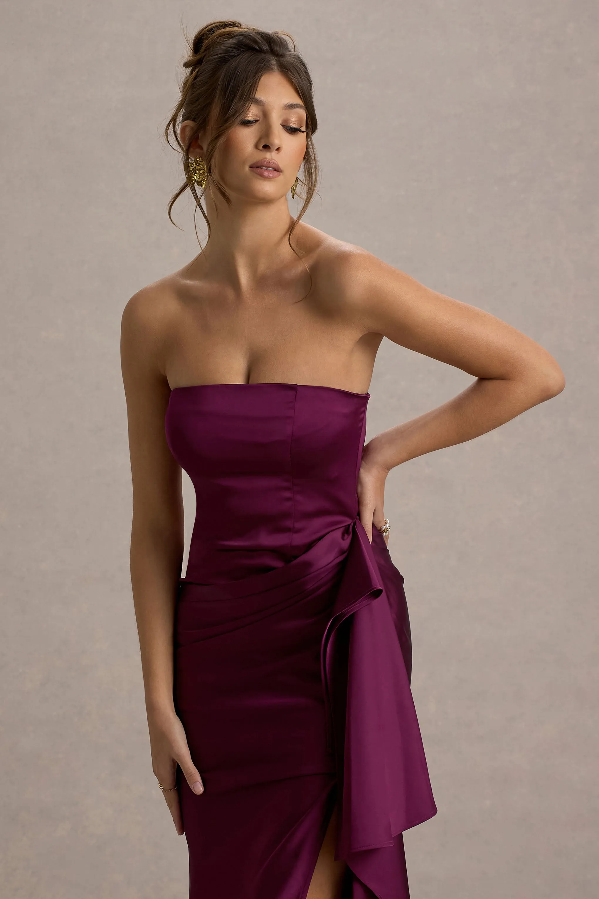 Loz | Pink Satin Bandeau Draped Maxi Dress sold by Club L London product image thumbnail 3