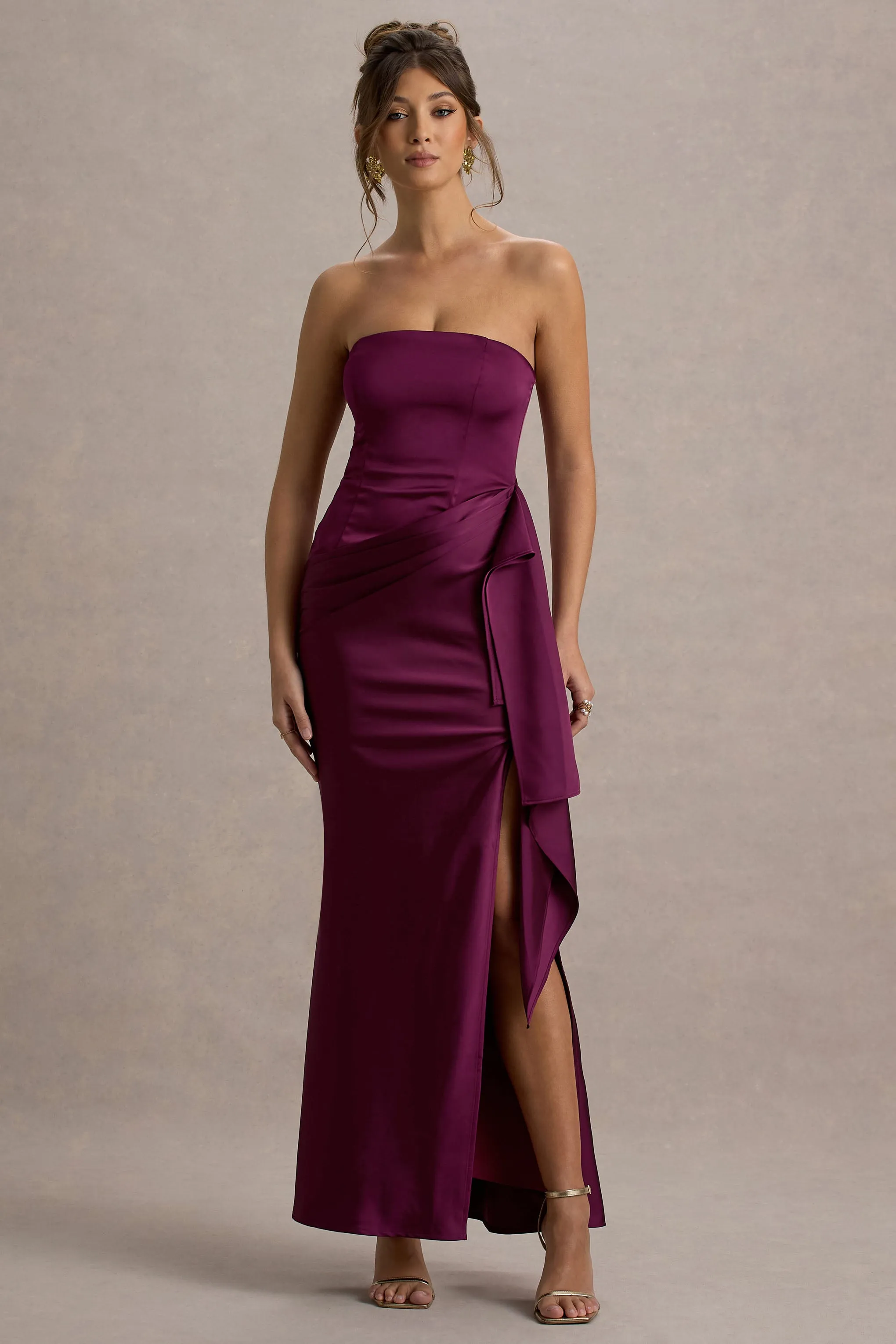 Loz | Pink Satin Bandeau Draped Maxi Dress sold by Club L London product image thumbnail 5