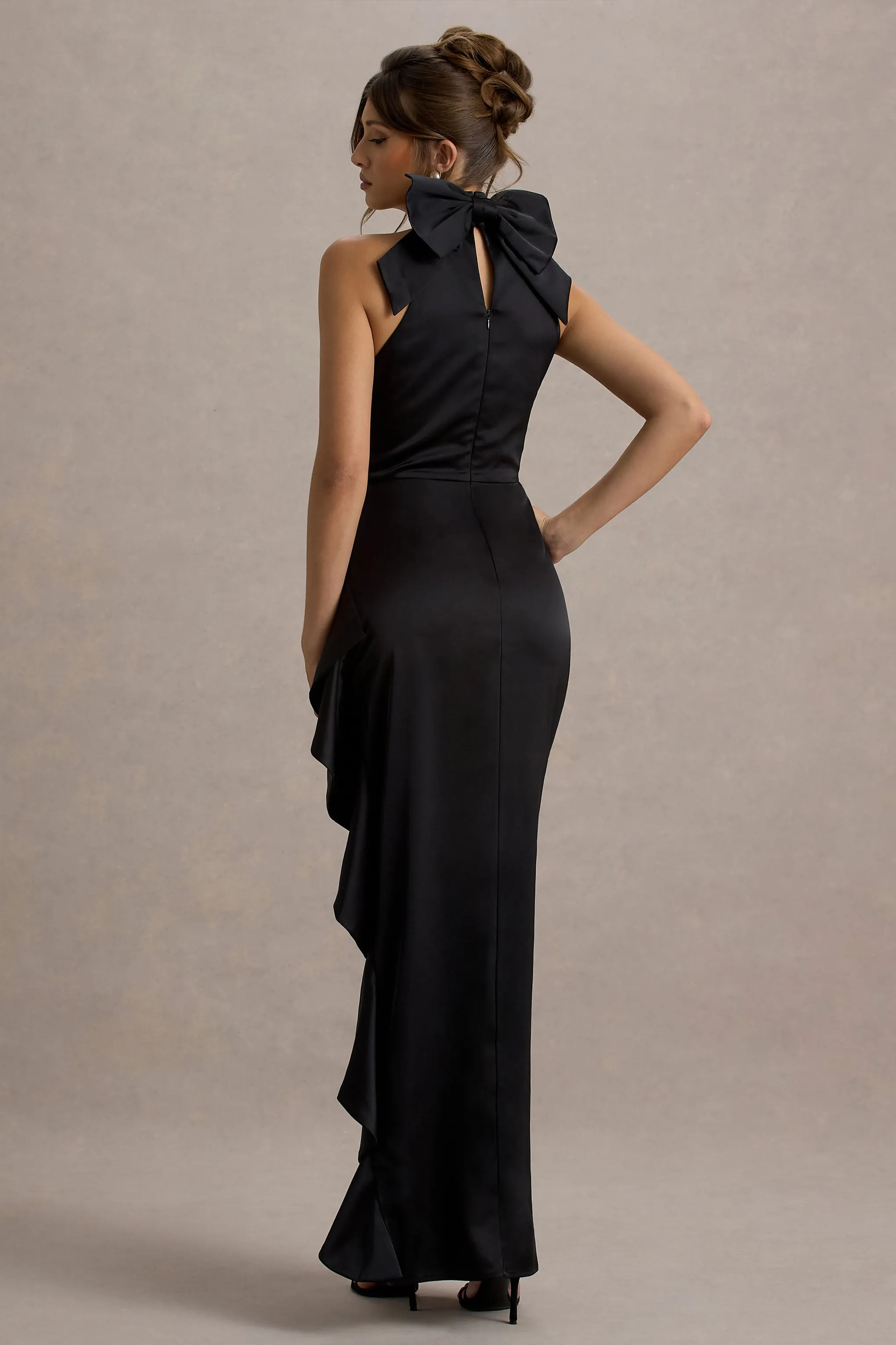 Maureen | Black Satin High-Neck Draped Maxi Dress sold by Club L London product image thumbnail 2