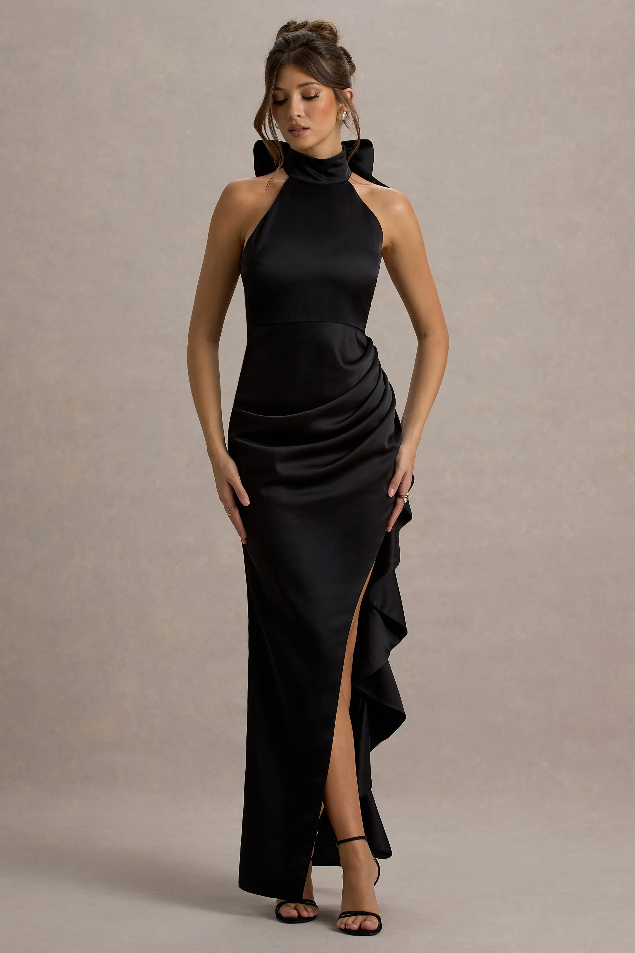 Maureen | Black Satin High-Neck Draped Maxi Dress sold by Club L London product image thumbnail 4