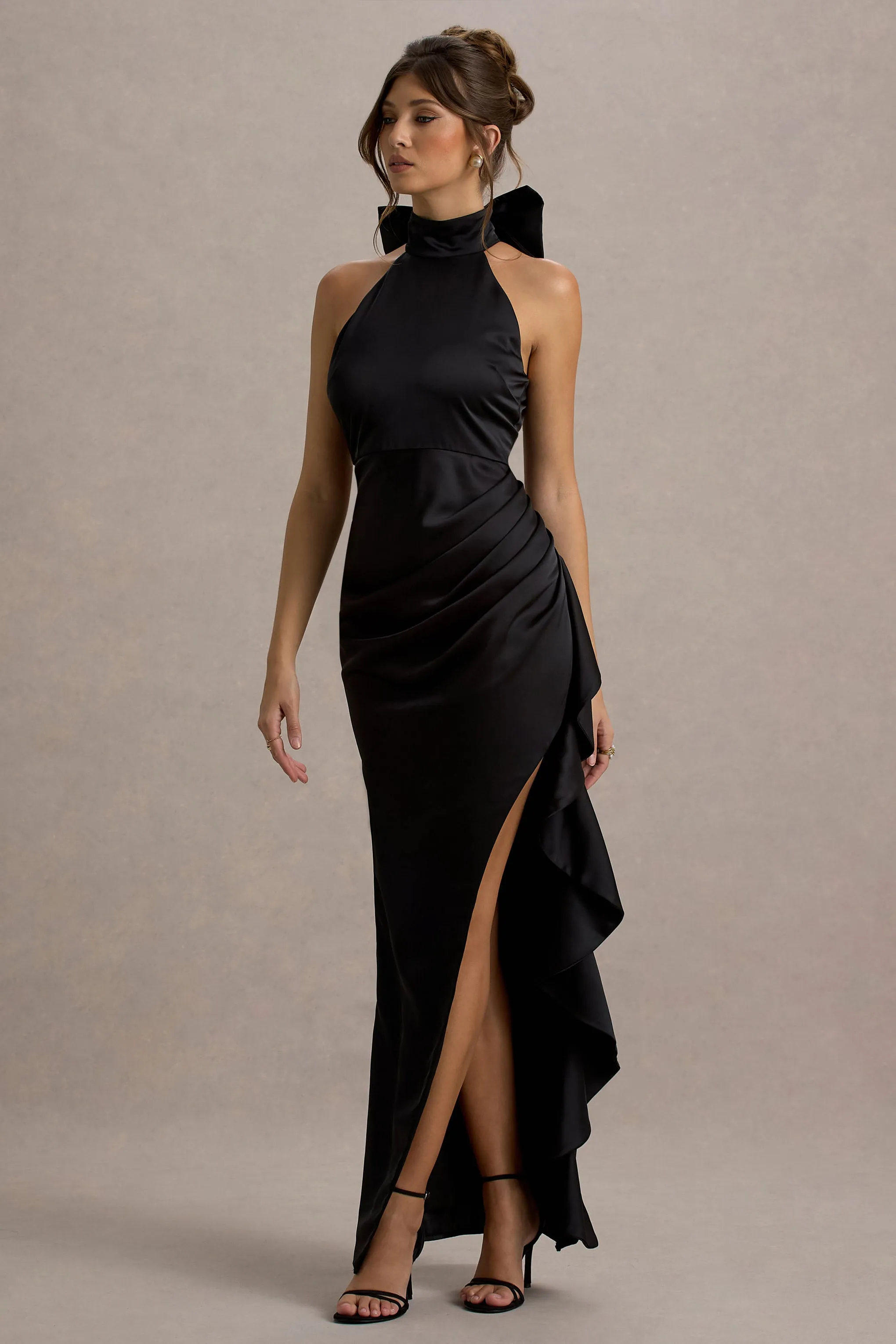 Maureen | Black Satin High-Neck Draped Maxi Dress sold by Club L London product image thumbnail 5