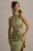 Maureen | Light Green Satin High-Neck Draped Maxi Dress sold by Club L London