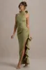 Maureen | Light Green Satin High-Neck Draped Maxi Dress sold by Club L London