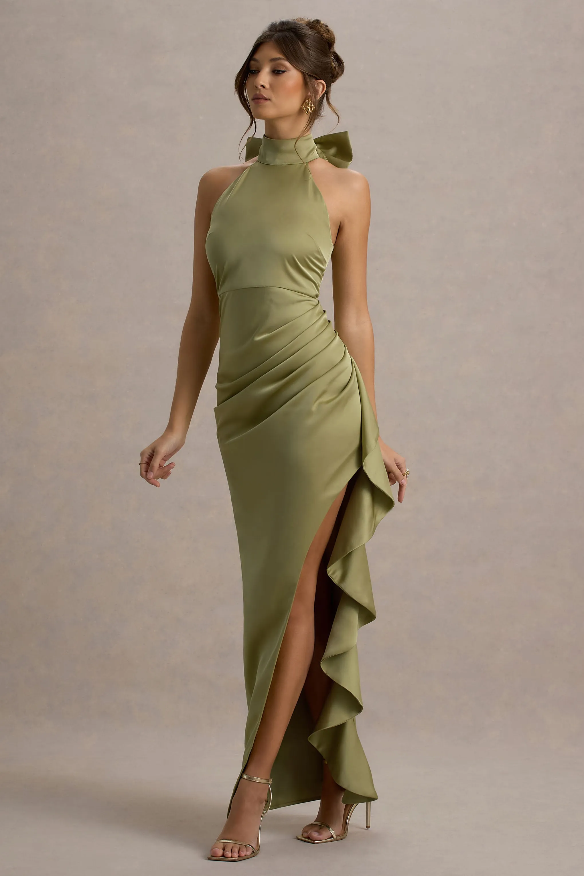 Maureen | Light Green Satin High-Neck Draped Maxi Dress sold by Club L London