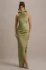 Maureen | Light Green Satin High-Neck Draped Maxi Dress sold by Club L London