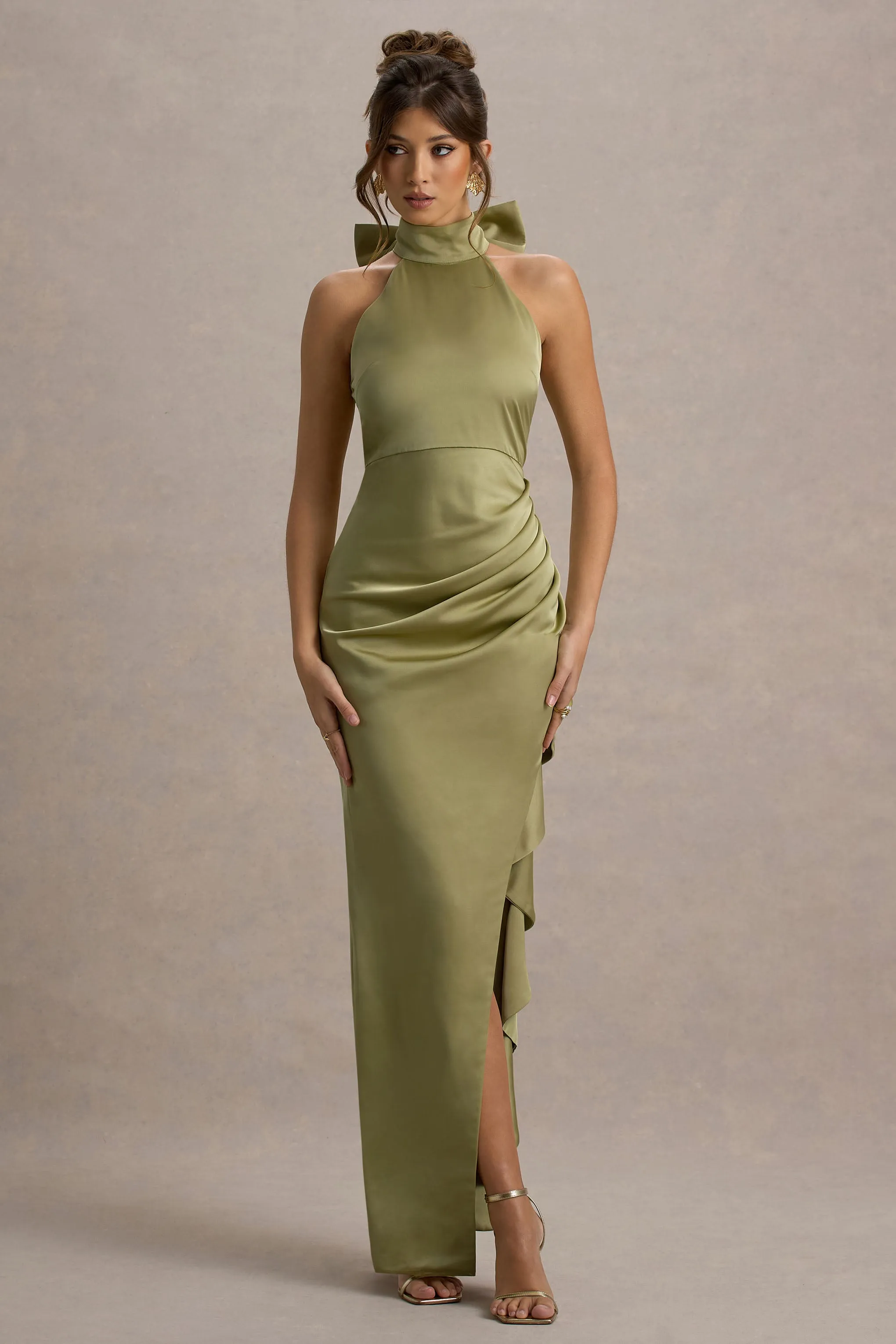 Maureen | Light Green Satin High-Neck Draped Maxi Dress sold by Club L London product image thumbnail 5