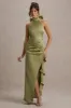 Maureen | Light Green Satin High-Neck Draped Maxi Dress sold by Club L London