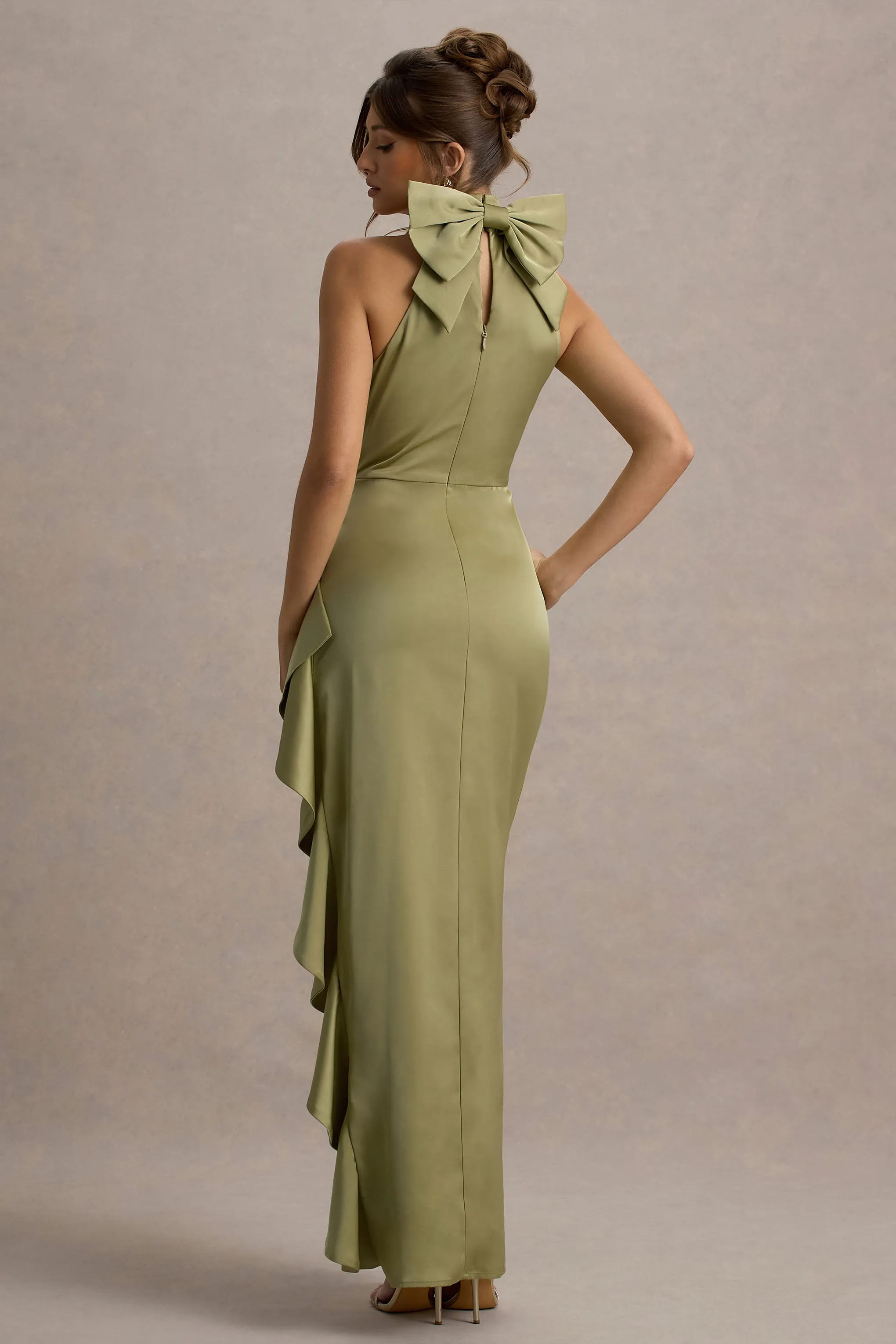 Maureen | Light Green Satin High-Neck Draped Maxi Dress sold by Club L London product image thumbnail 2