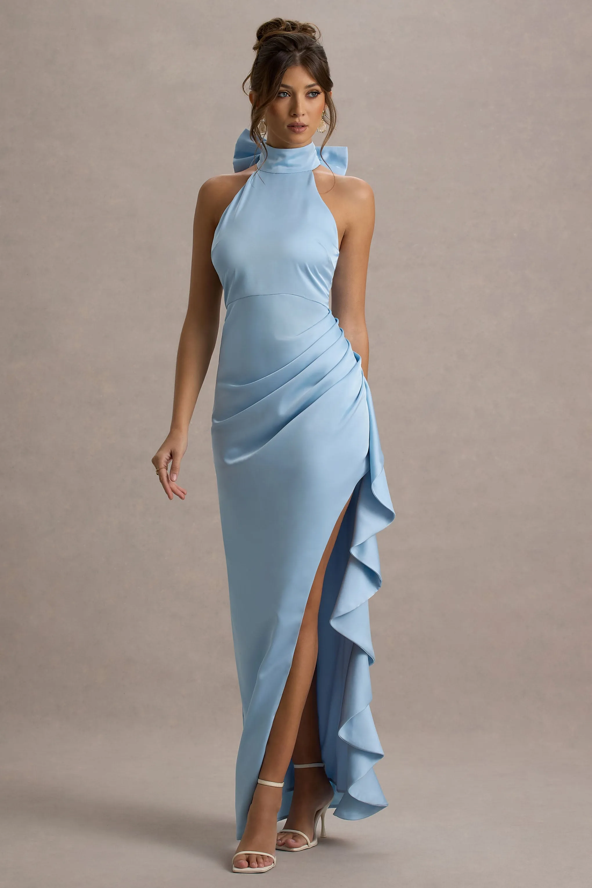 Maureen | Powder Blue Satin High-Neck Draped Maxi Dress sold by Club L London