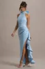Maureen | Powder Blue Satin High-Neck Draped Maxi Dress sold by Club L London