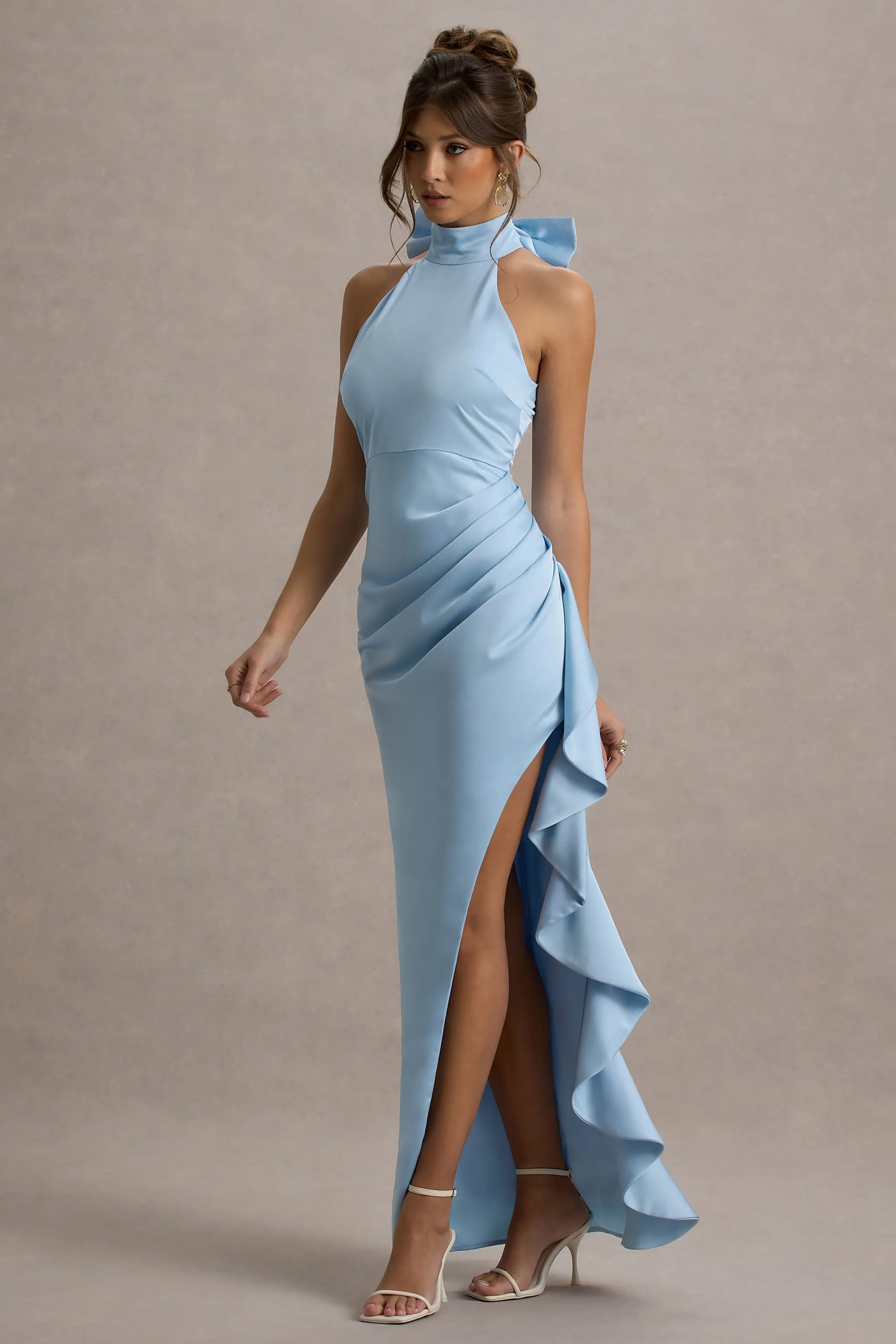 Maureen | Powder Blue Satin High-Neck Draped Maxi Dress sold by Club L London product image thumbnail 5