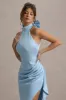 Maureen | Powder Blue Satin High-Neck Draped Maxi Dress sold by Club L London