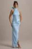 Maureen | Powder Blue Satin High-Neck Draped Maxi Dress sold by Club L London